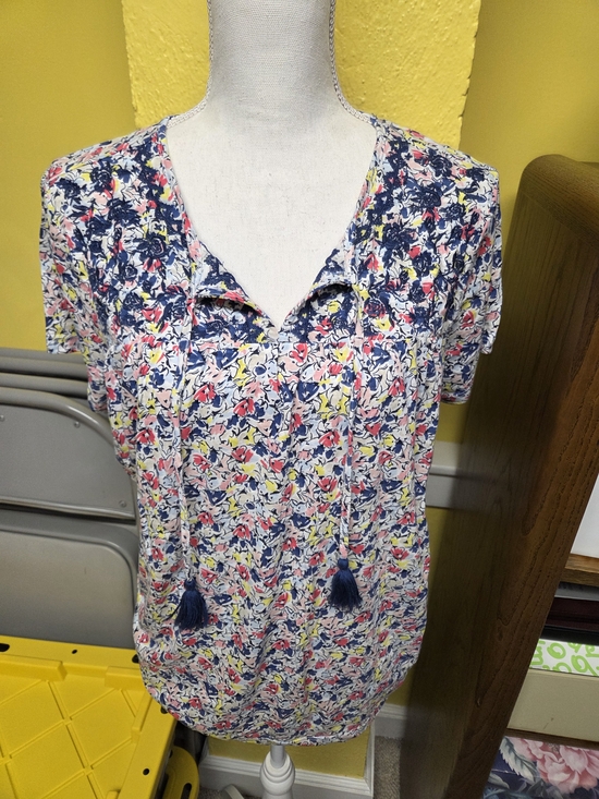 Style & Co. Tops - Style & Co. Floral Tassel Tie Short Sleeve Top - Navy, Pink & Yellow